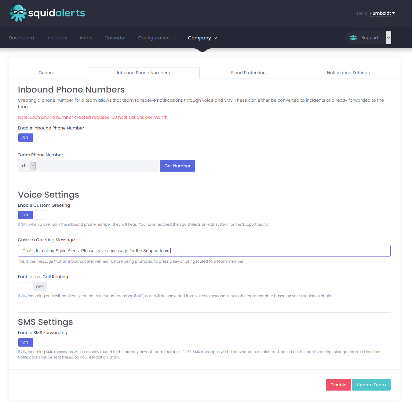 Squid Alerts inbound phone numbers screenshot